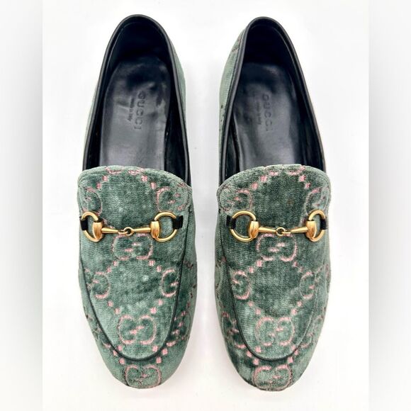 Gucci Jordaan GG Monogram Velvet Loafers Horsebit Flats Green & Pink EU 37 US 7 - Picture 4 of 11